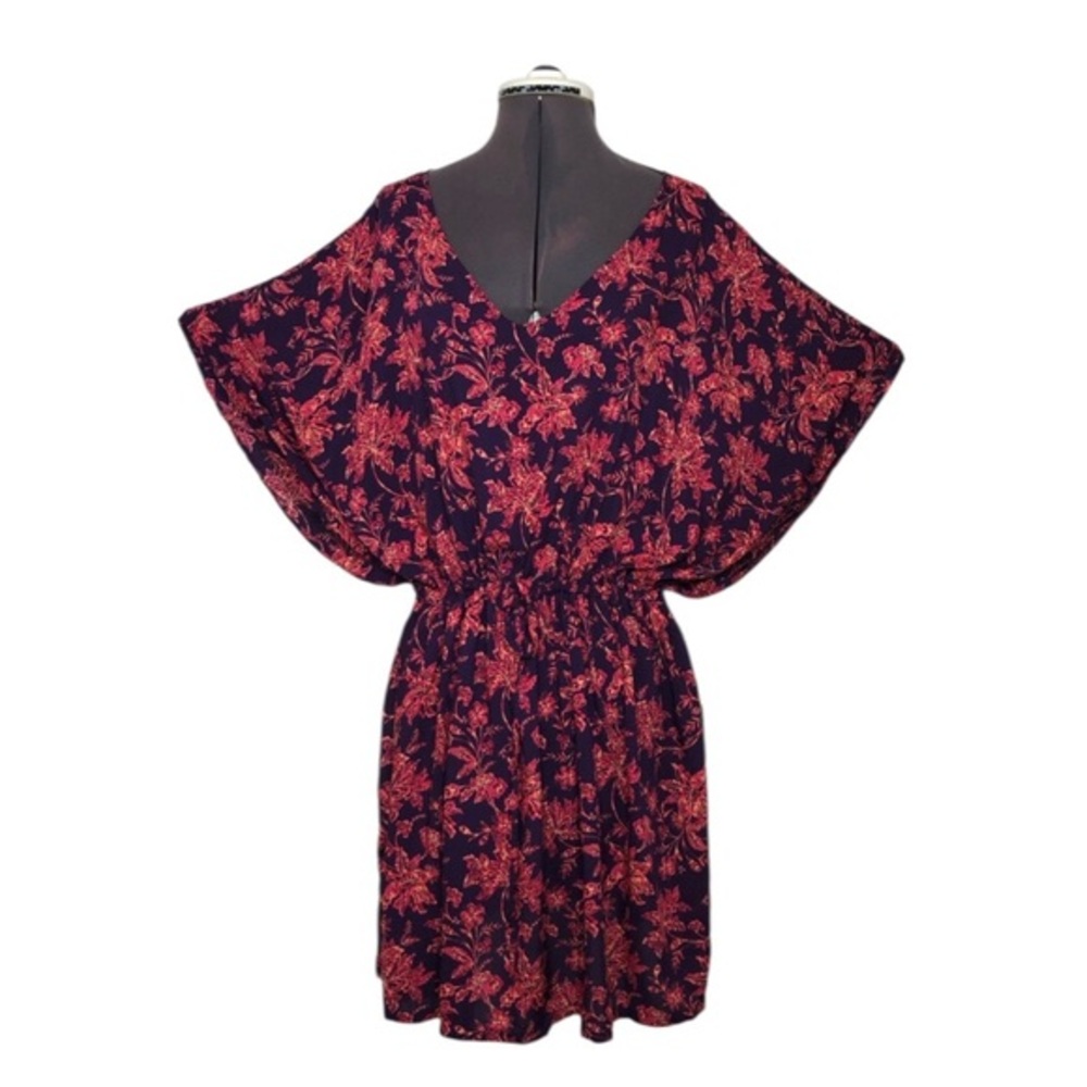 Lands' End Gathered Waist Purple Pink Orangish Kaftan Swim Cover-Up Dress M/L